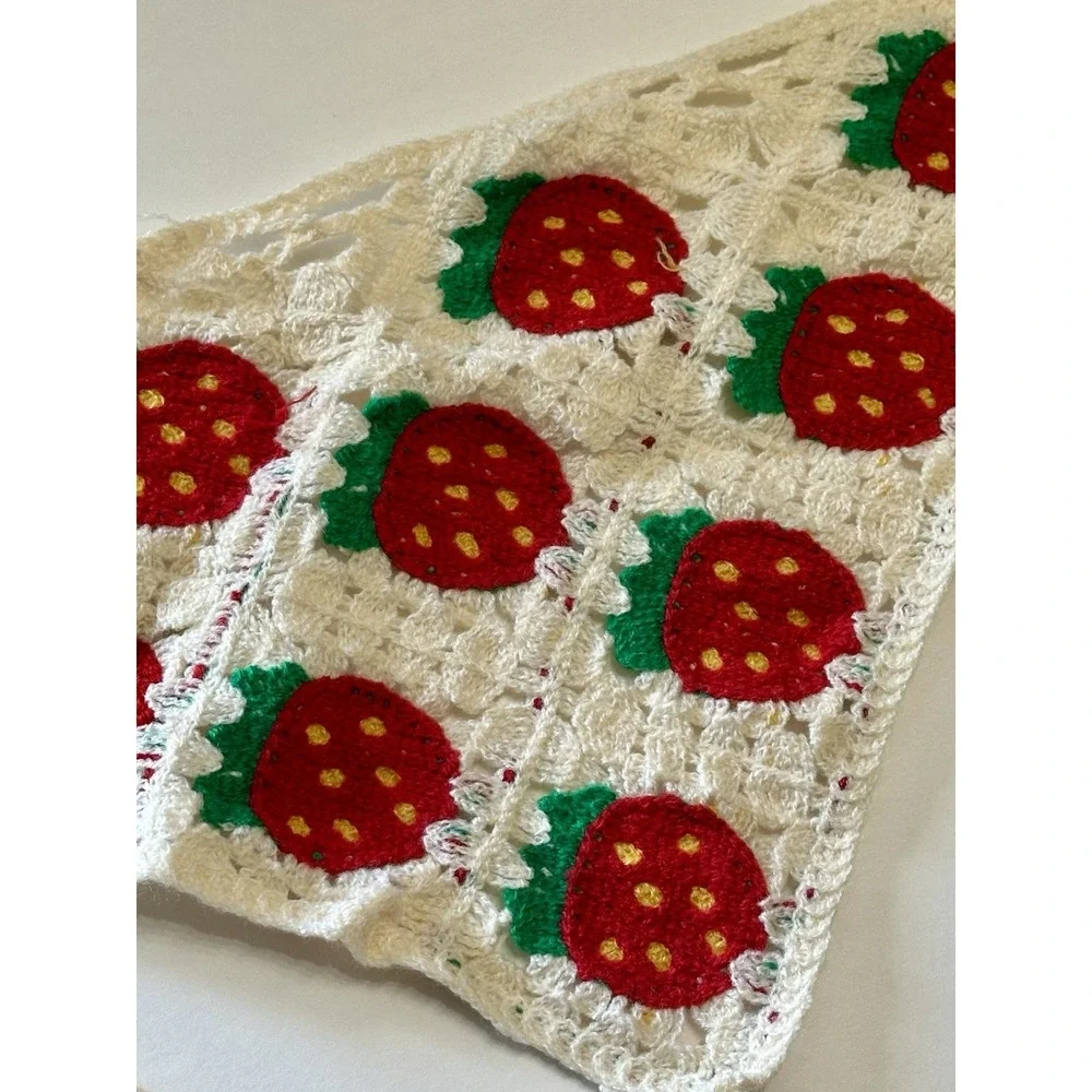 Handmade Crochet Strawberry Bandana Hair Scarf Cottagecore Vintage Head Kerchief